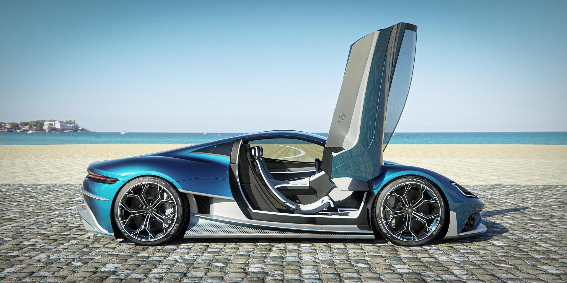 Electric vehicle sports car on beach
