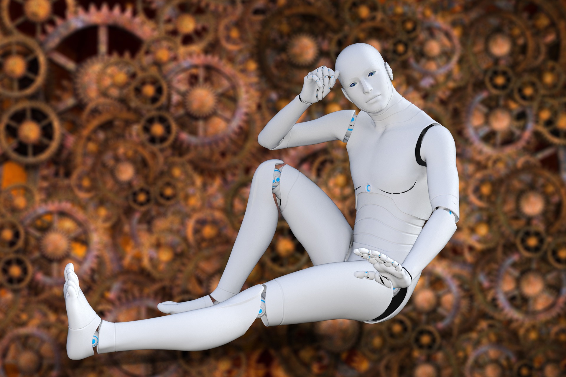 Japanese white robot sitting posing for photo