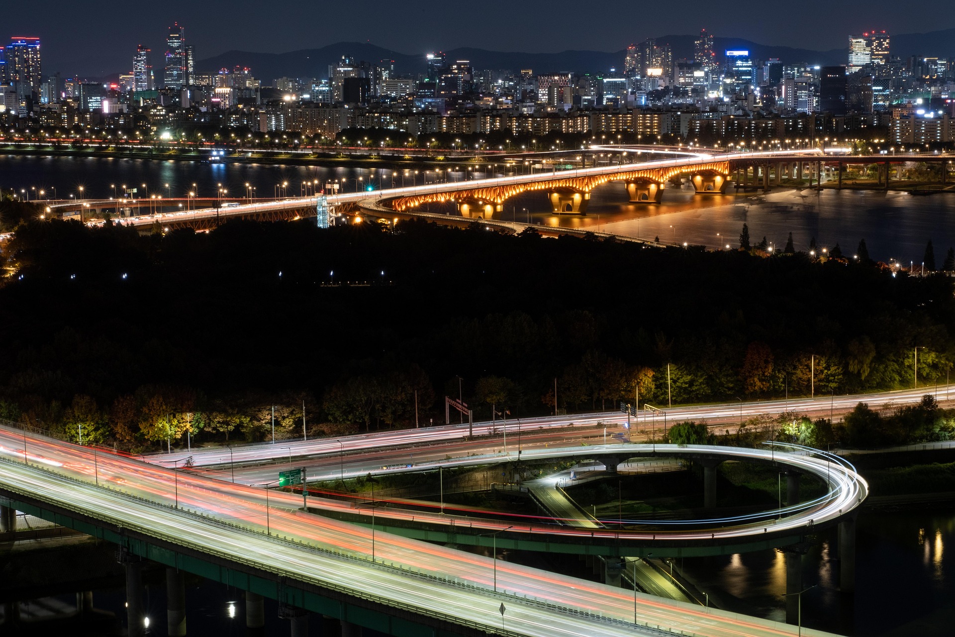 Night view of Korean city and highways