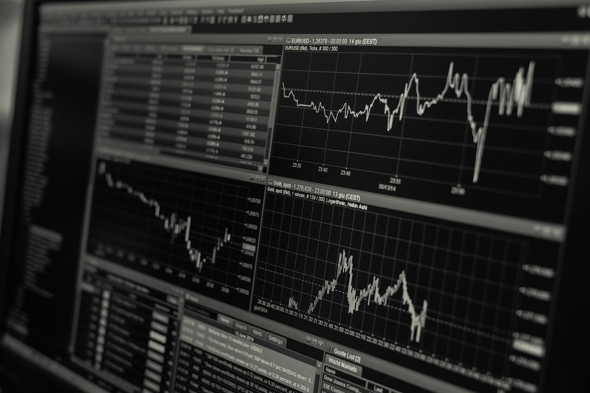 black and white screen of stocks and bonds