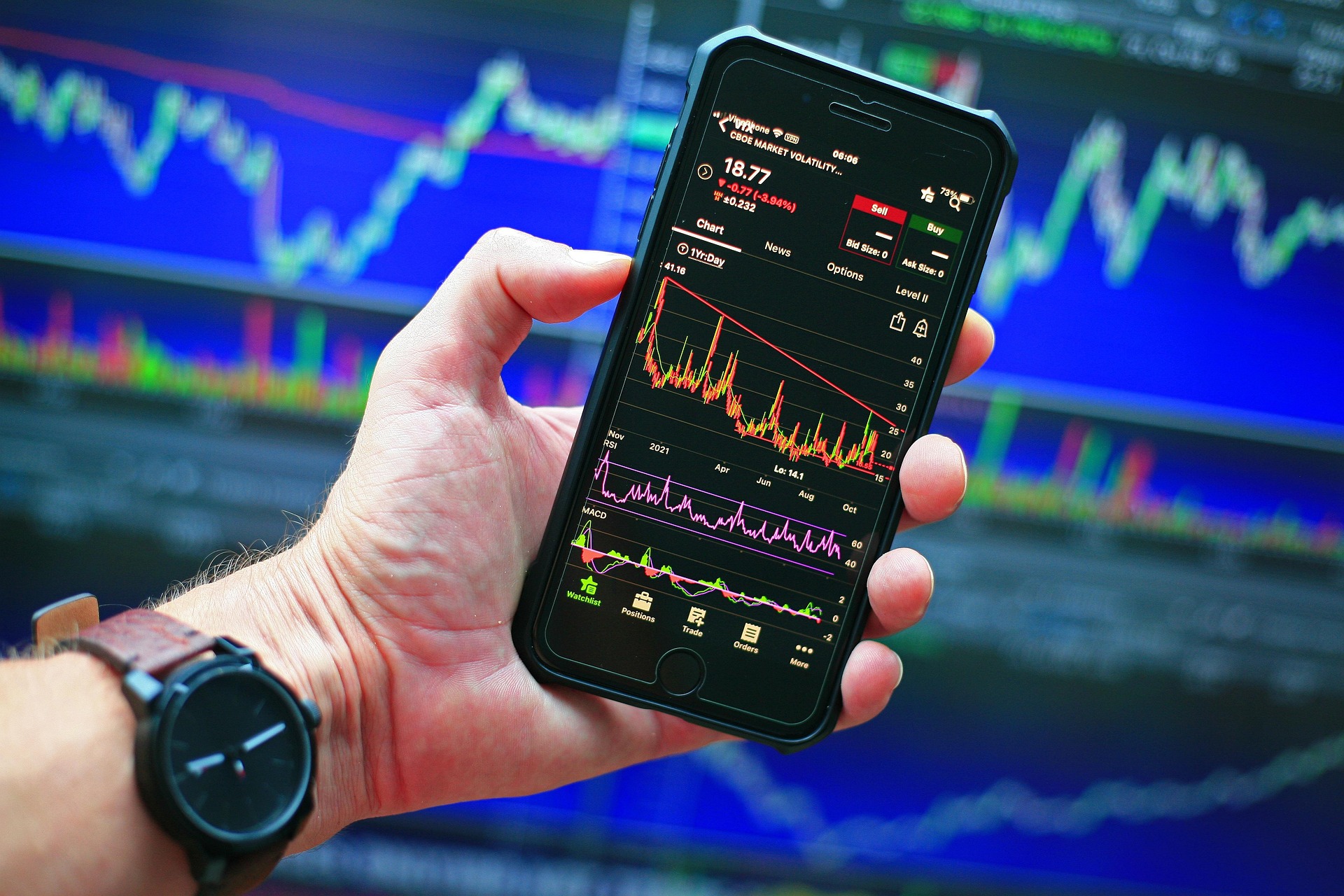 man wrist looking at phone tracking stocks with stocks in background