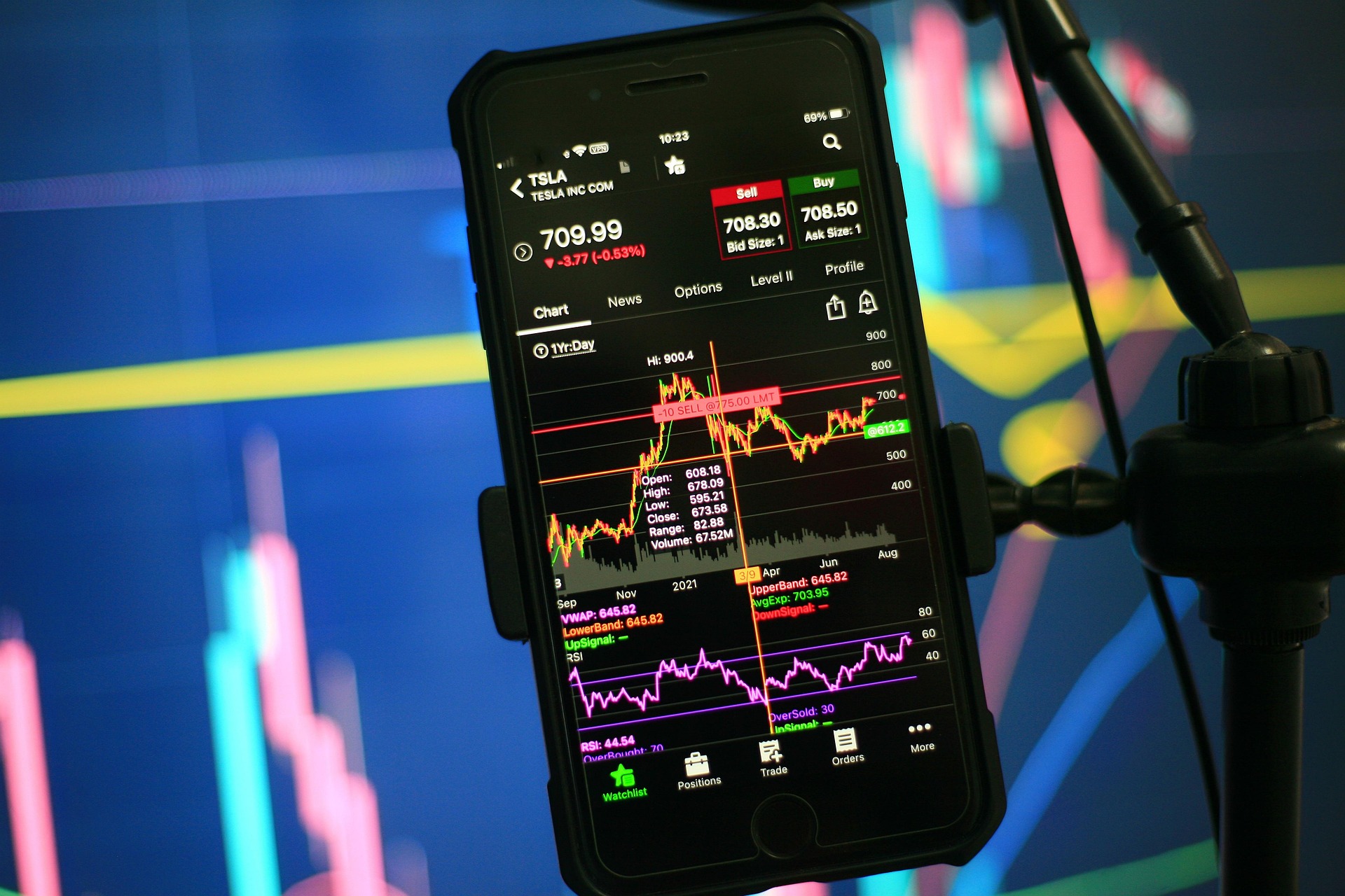 phone showing stock tracking app held by phone holder