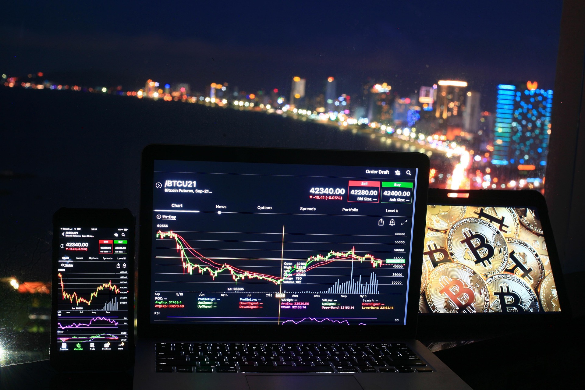 screens tracking stocks in front of window overlooking city skyline